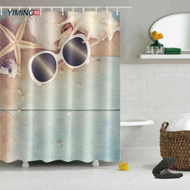 Fenêtre de plage 3D ouvrant le paysage de plage impression rideau de salle de bain polyester rideau de douche baignable à l'eau imperméable et moisissure 211116