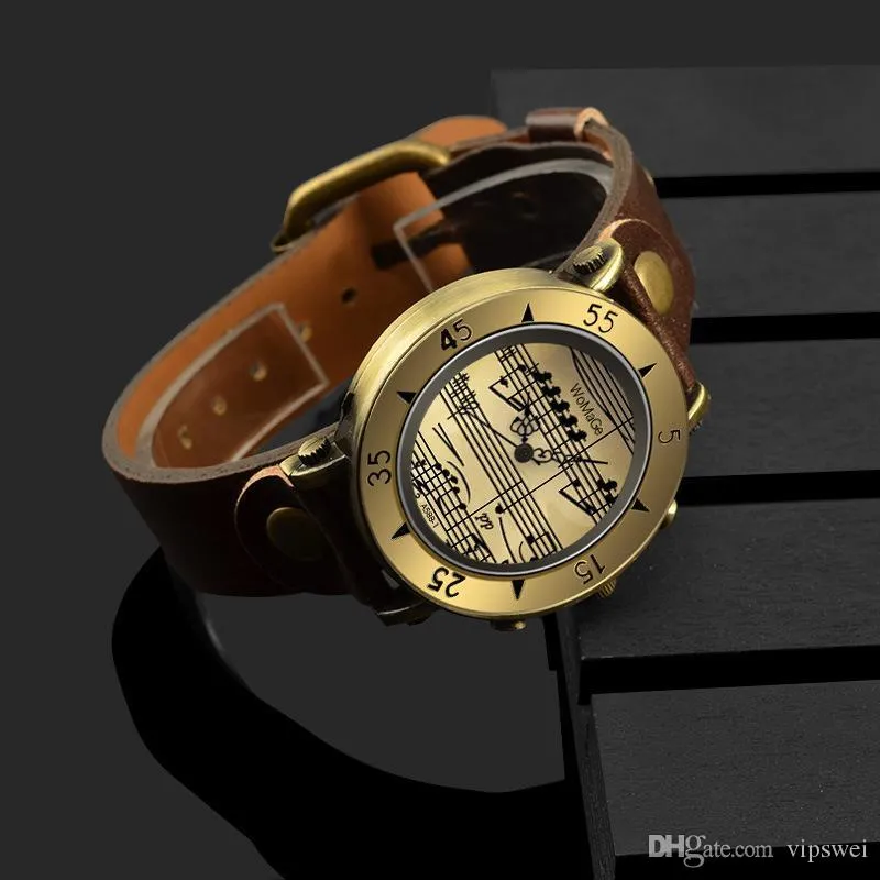 12-hour Display Quartz Watch Retro PU Strap Metal Bronze Case Music Note Markers Unisex watches Ancient Roman style228i