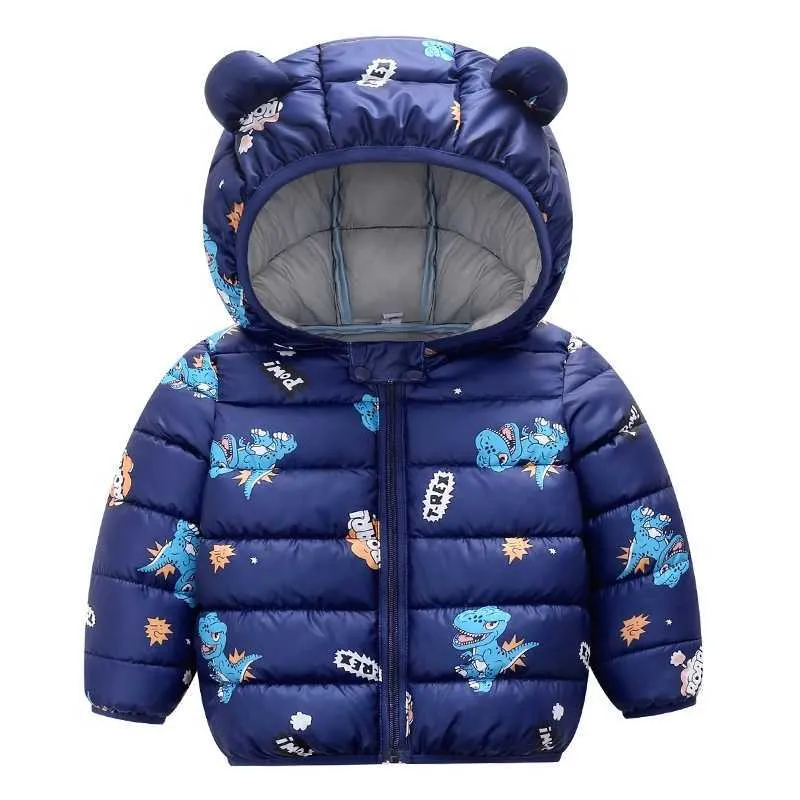 Arrivo inverno bambino bambino animale dinosauro modello pois stelle stampa con cappuccio piumino vestiti 210528