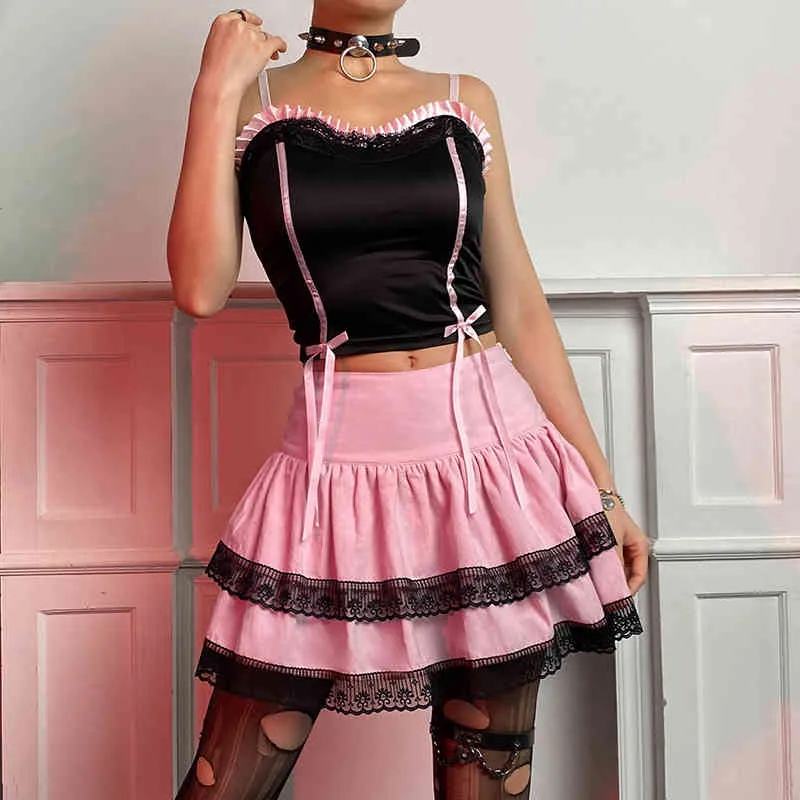 Schwarzer Spitzenbesatz Y2K Harajuku Rosa Faltenrock Frauen Preppy Style Kawaii hoch taillierte kurze Röcke Damen Doppelschichtkleidung 210517