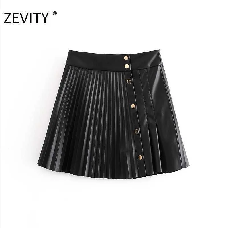 Zevity femmes Chic mode Faux cuir plissé Mini jupe Femme Vintage Patchwork métal bouton pression jupes Mujer QUN710 210621