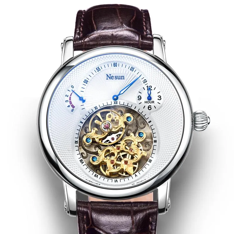 Top NESUN Switzerland Skeleton Tourbillon Automatic Mechanical Men's Watches Sapphire Waterproof Energy Clock N9081 Wristwatc263B