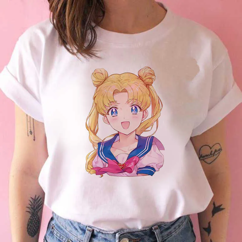 T-shirt des années 90 Mode Graphique Top Tee Femme Chat de dessin animé Harajuku Kawaii Anime T-shirt Femmes Drôle Dessin animé T-shirt Chat mignon X0527