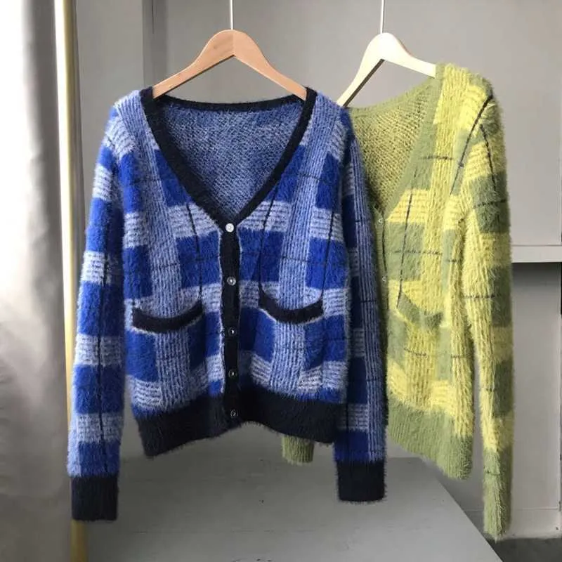 Vintage Mohair Sweater Women Knitted Cardigans Harajuku Lazy Style Ladies V-Neck Button Fuzzy Plaid Cardigan Fluffy Knitwear Top 211018