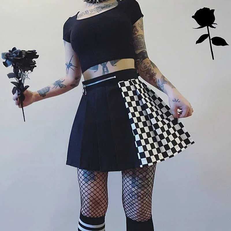 Sıkı Gotik Yüksek Bel Kadınlar Pileli Mini Etek Patchwork Kurdela A-Line Etekler Streetwear Katı Kadın Parti Kıyafetleri 210629