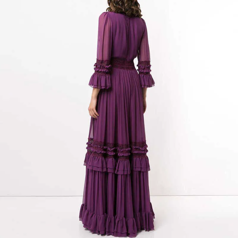 [Deat]女性のドレスVネックのハイウエストの床の長さのフリルフレアスリーブエレガントな緩いフィットファッション夏13q345 210527