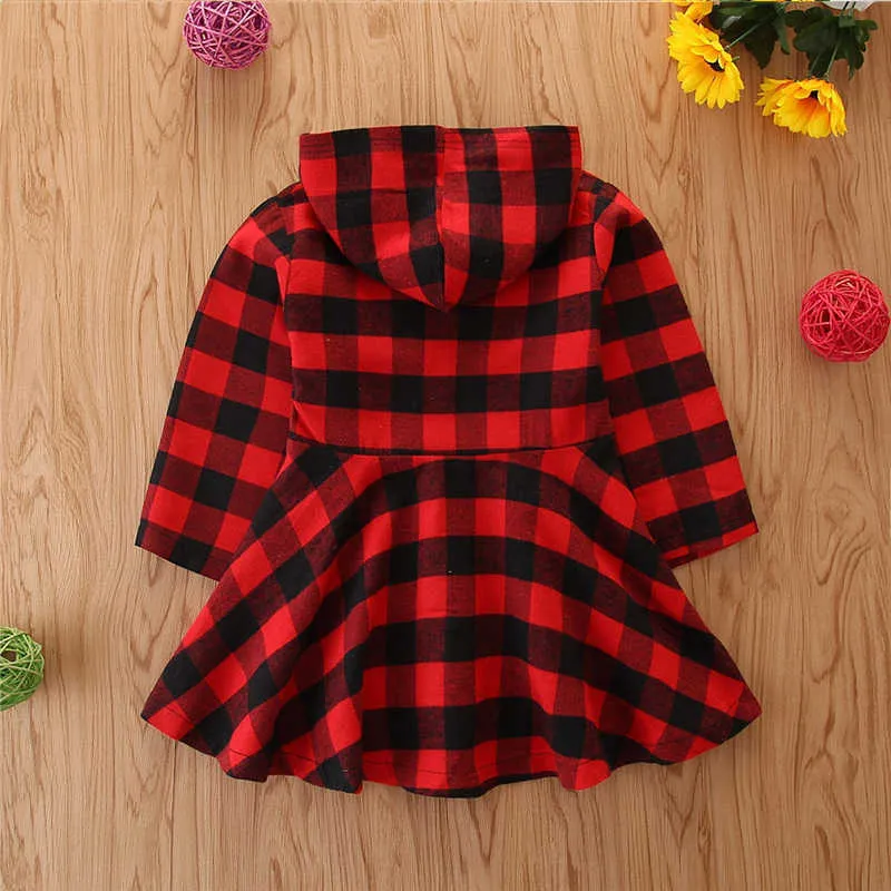 Abbigliamento bambini europei americani Autunno Ragazza Plaid A-Line Abito Moda a maniche lunghe Semplice con cappuccio 210611