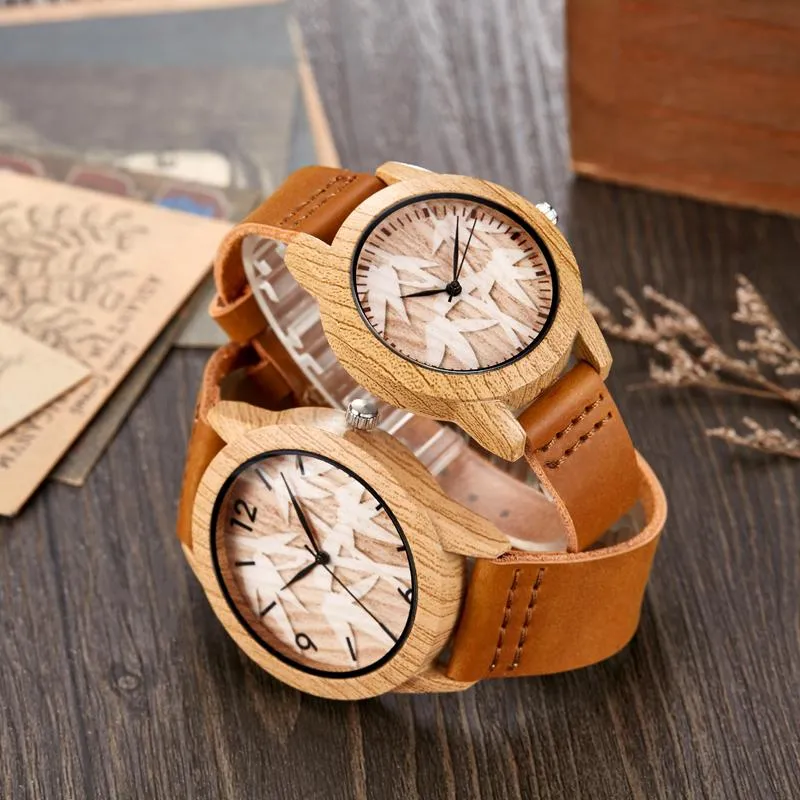 Montres-bracelets e montre en bois hommes autruche cerf montre-bracelet imitation imiter boîtier en bois quartz bracelet en cuir souple femmes amant Wri303Z