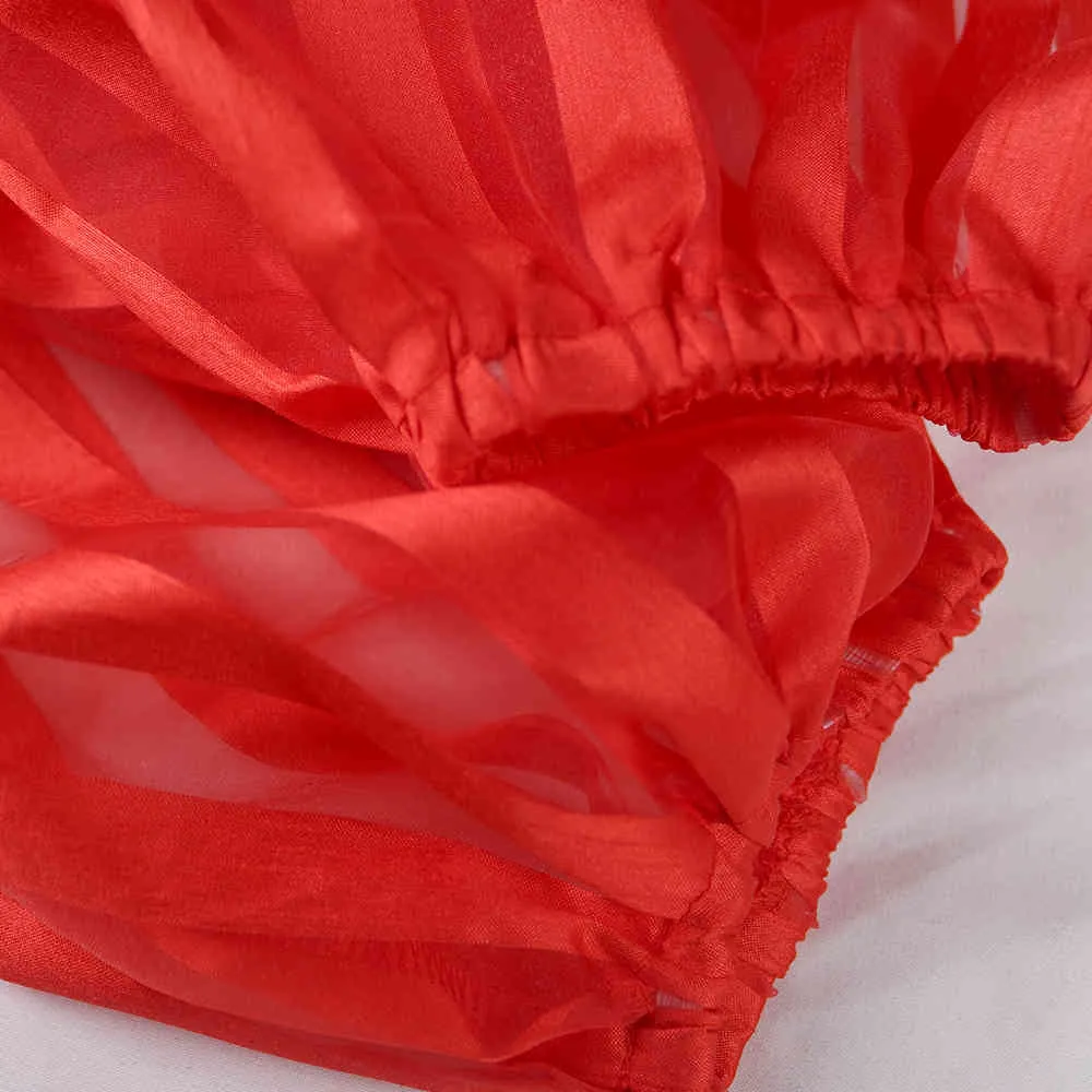 女性のセクシーな薄手の長いドレス赤の縞模様のスタンドカラー特大の透明な夏のカジュアルラインローブ服Maxi Vestidos 210416