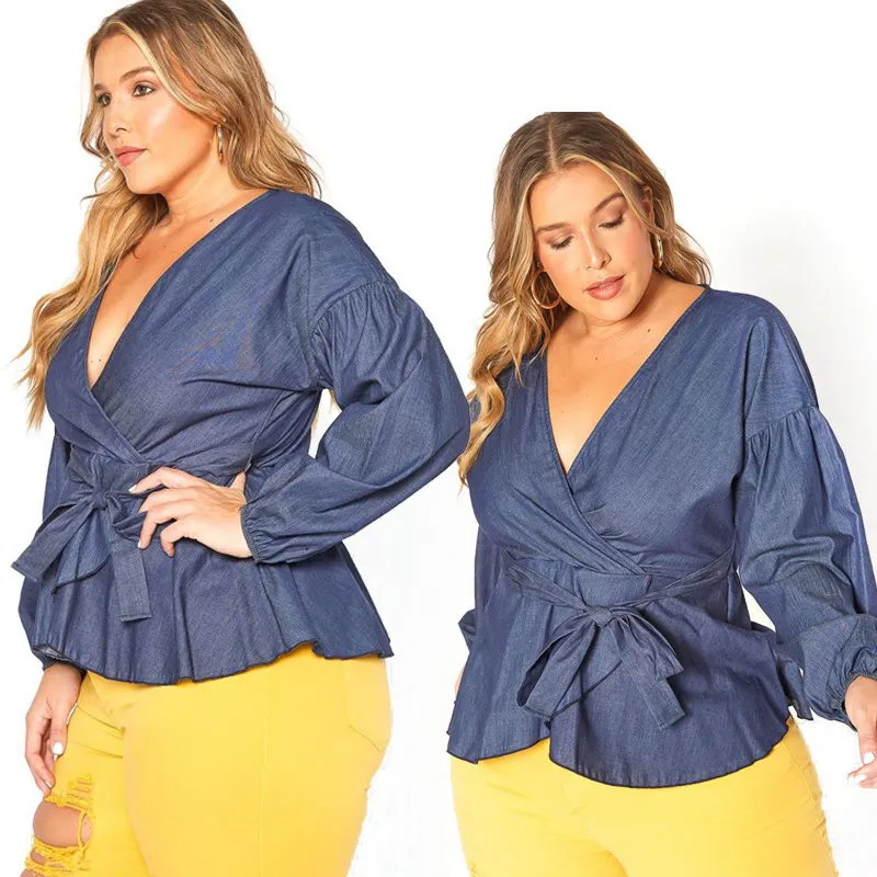 INS Empfehlen Koreanischen Stil Blaue Hemden Blusen Frauen V-ausschnitt Puff Langarm Rüschen Elegante Arbeitskleidung Großhandel Plus Größe 210525