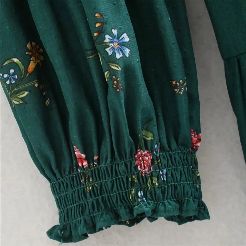 Grünes Blumendruck-Minikleid für Damen, Frühling, Stehkragen, Puffärmel, lässig, Frau, Rüschen, Vintage 210519