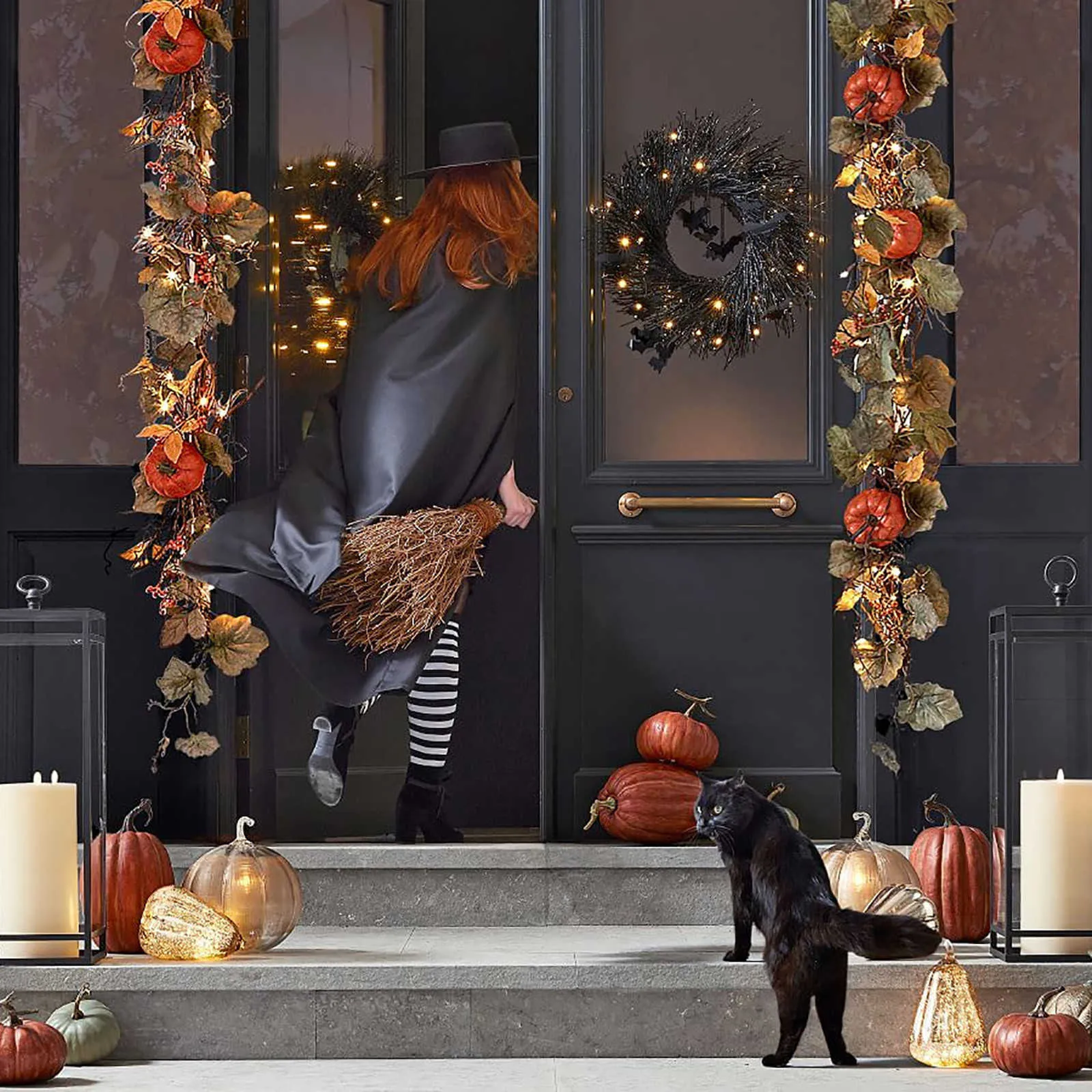 ハロウィーンの装飾ブラックバットループデコレーション輝くぶら下がっている輝く花輪屋外ガーデンドアリースホームデコレーションY0901250D