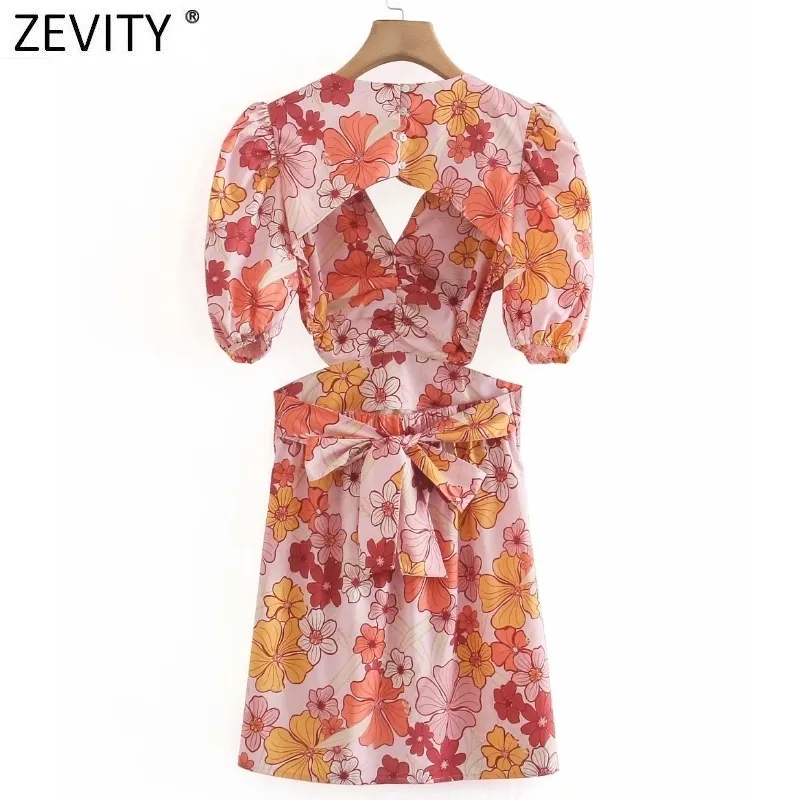 Zevity Summer Women Tropical Floral Print Puff Sleeve Slim Mini Dress Kobieta Backless Bow Wiązany Chic Boho Beach Vestidos DS8327 210419
