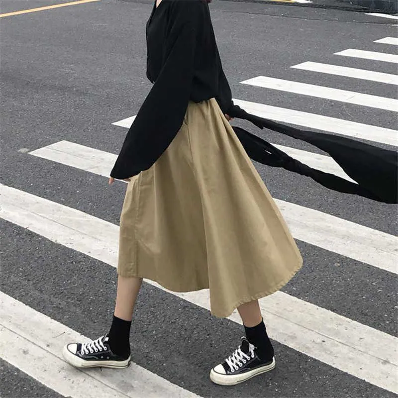 Plus maat 5xl streetwear Harajuku lange rokken voor vrouwen elegante elastische high taille maxi rok zwart kaki leger groene lading rok 210619