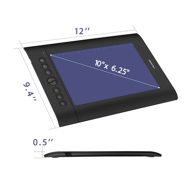 HUION H610 Pro V2 10X6.25in Tablette de dessin graphique Tablettes de peinture à stylet numérique avec fonction d'inclinaison Touches Batter et Express