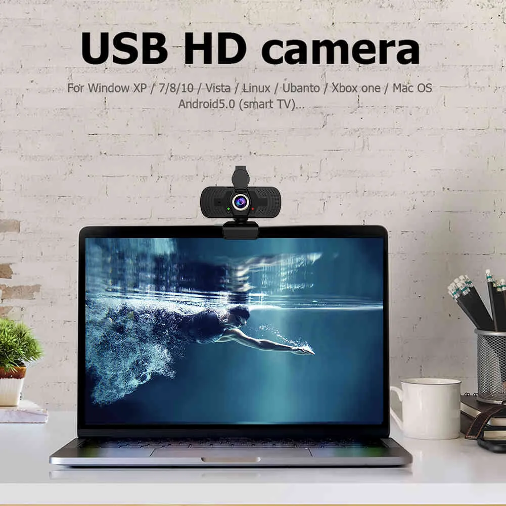 Full HD 1080p USB-webbkamera med inbyggd mikrofon + omslag 360 Rotationsdator Live Streaming Video Confe Webcam