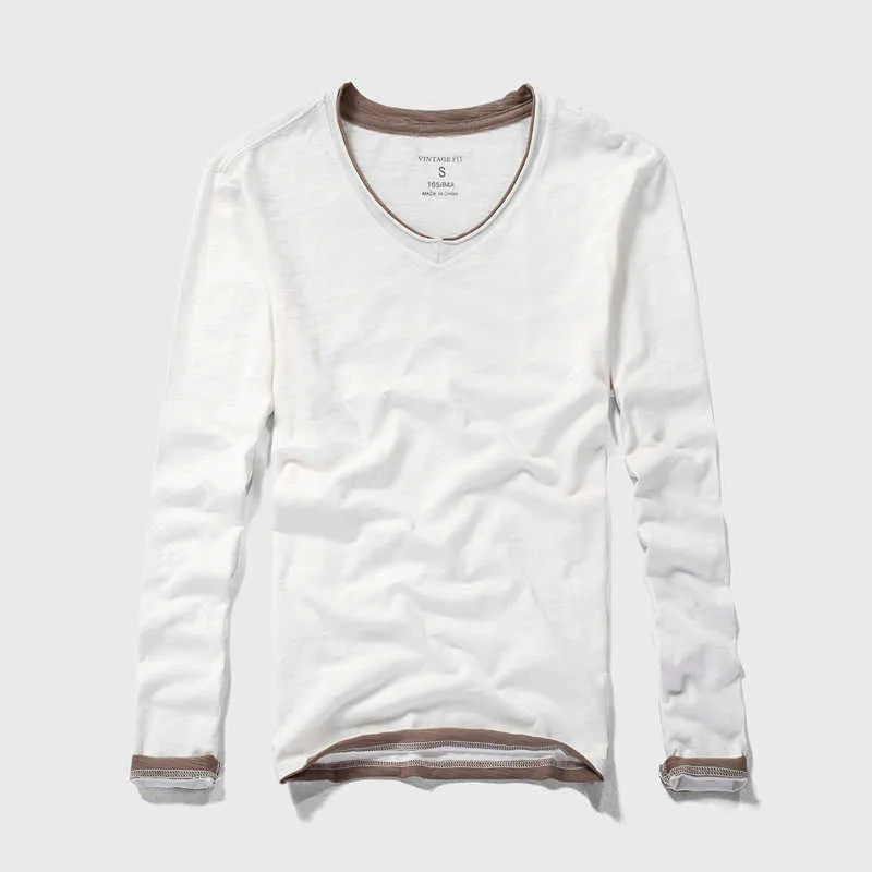 Rétro t-shirt hommes à manches longues décontracté blanc t-shirts basique 100% coton printemps hauts col rond couleur unie mâle vêtements 210601