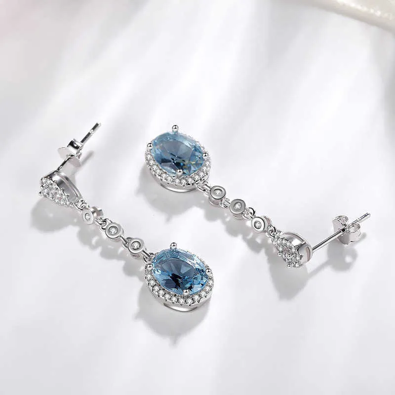 Blue Sapphire Topaz Earring for Women 925 Silver Bizuteria Gemstone aretes de mujer oorbellen Drop Girl orecchini 2106169648422
