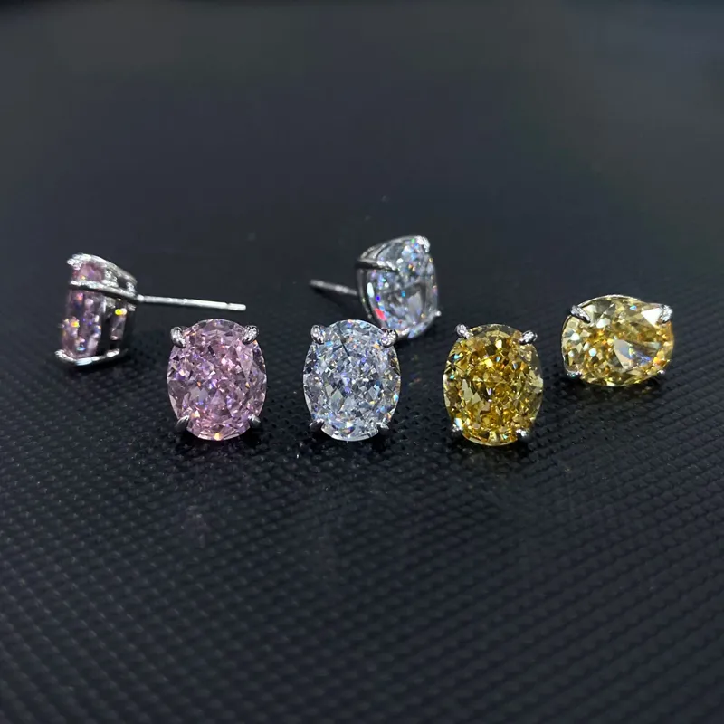 Ovas 100% 925 Esterlina Prata Festa de Casamento Principal Brincos Para As Mulheres Espumantes 8 * 10mm Oval Rosa Amarelo 5A Zircão Jóias Fina