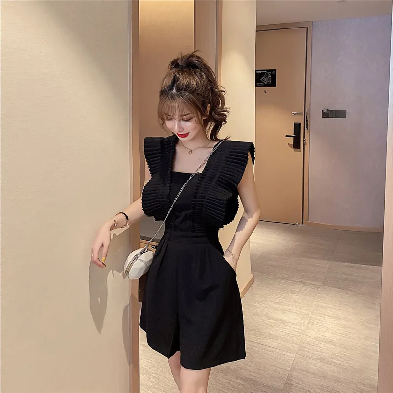 Women's Playsuits Summer High Waist Casual Wide Leg Shorts Loose Pleated Ruffles Solid Jumpsuit Pants ML894 210506