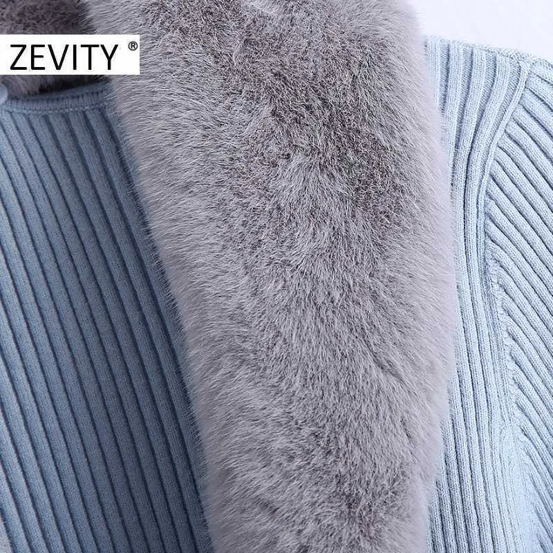 Zevity Frauen Mode Faux Pelz V-ausschnitt Patchwork Lace Up Cardigan Stricken Pullover Weibliche Chic Langarm Offene Dünne Tops s432 210603