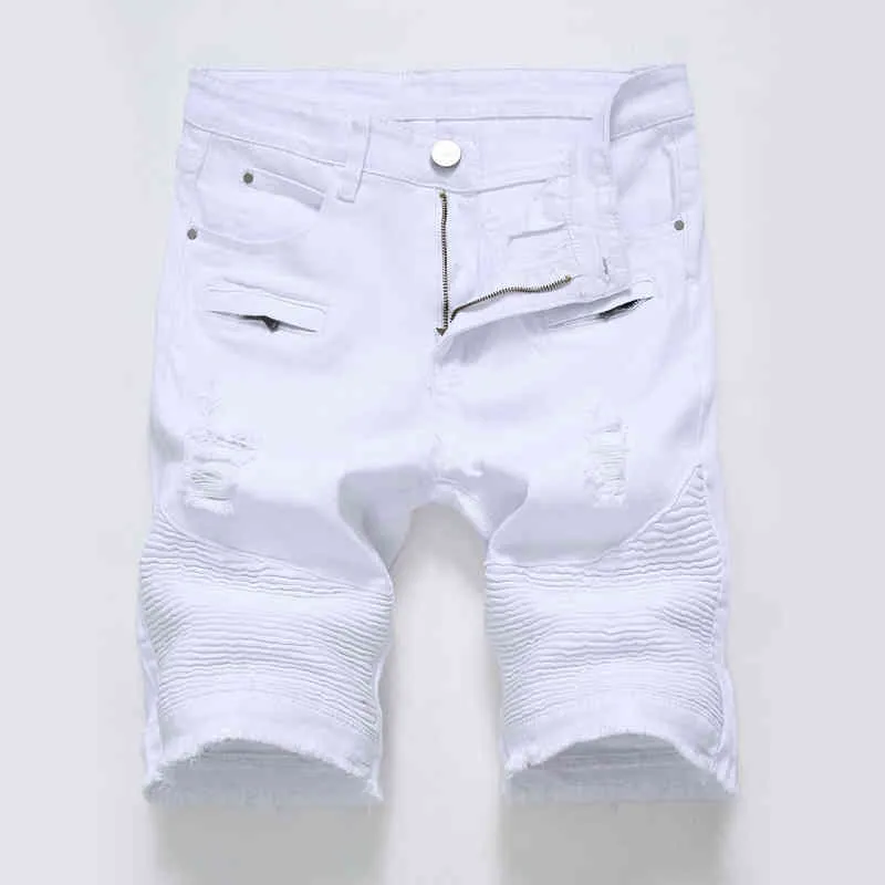 新しいBeand Summer男性はバイカージーンズショーツをリッピングしました男性のマルチビッグポケットブランドデザイナープラスサイズ28-40 W220214のための白いモトデニムショートパンツ