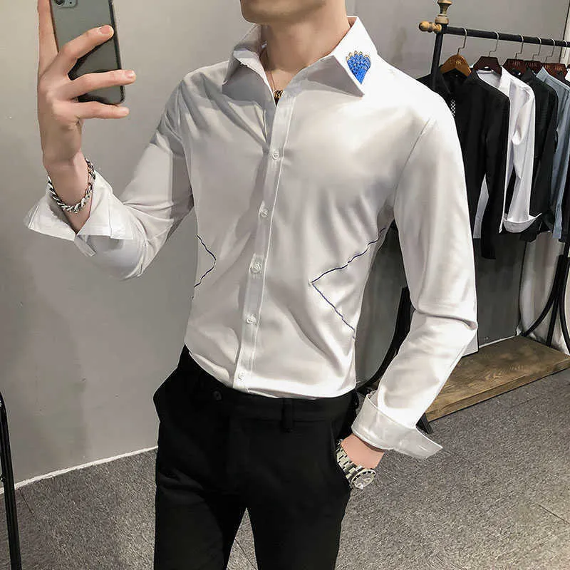 Camisas de moda para homens decote Bordado homem negócios vestido formal camisas de manga longa fina fit rico streetwear chemise homme 210527