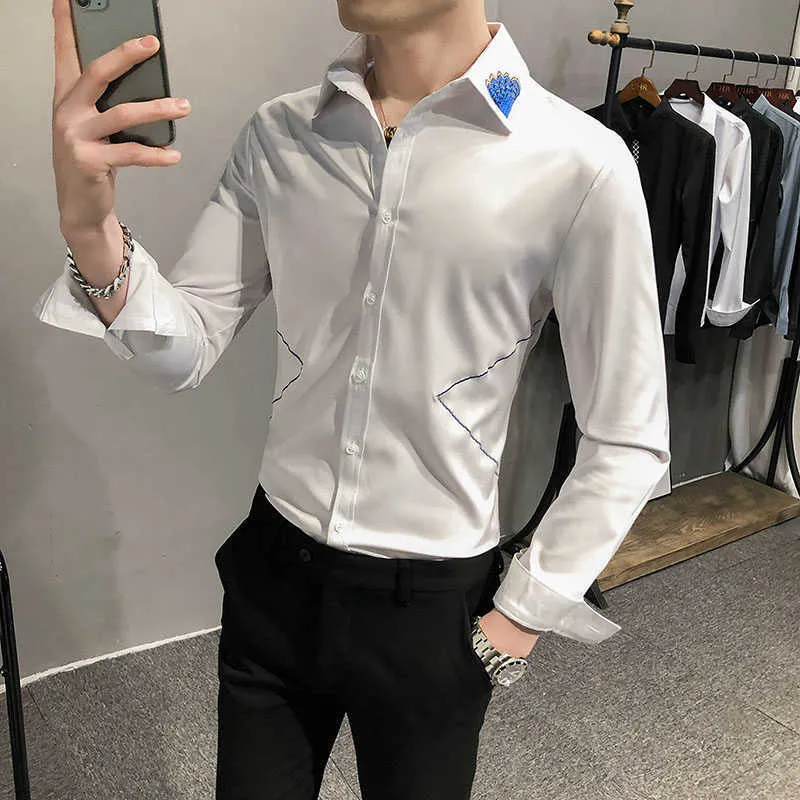 Moda Koszule Dla Mężczyzn Dekolt Haft Mężczyzna Biznesowy Formalny Sukienka Koszule Z Długim Rękawem Slim Fit Social Streetwear Koszulka Homme 210527