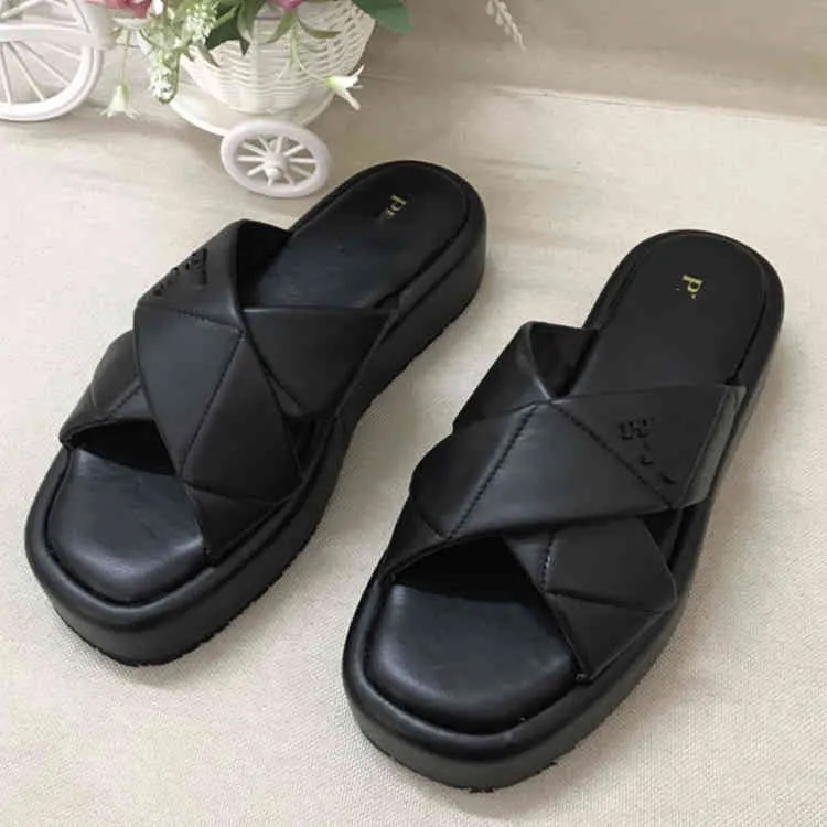 slippers female cross belt triangular standard thick bottom muffin raised leather one-way Sandal