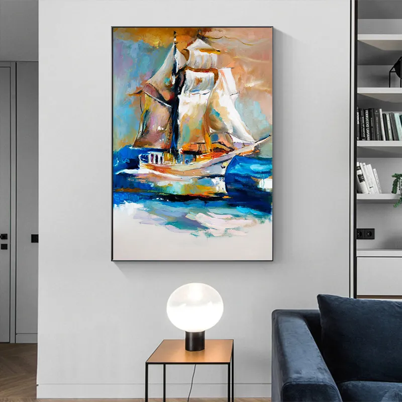 Havsbåt Poster Landskapsbild Oljemålning på kanfas väggkonst för vardagsrum dekoration Posters och utskrifter