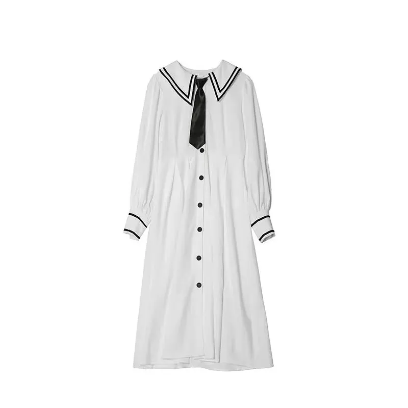Spring Fashion Japan JK Women Dress Sailor Collar Button Up Long White Sleeve Bow Empire Plus Size Ladies Robe 210521