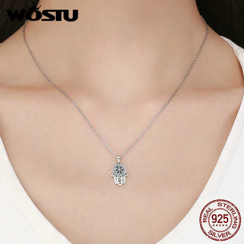 WOSTU REAL 925 STERLING SILVER HAND OF FATIMA HAMSA PENDANT CHOKERネックレス