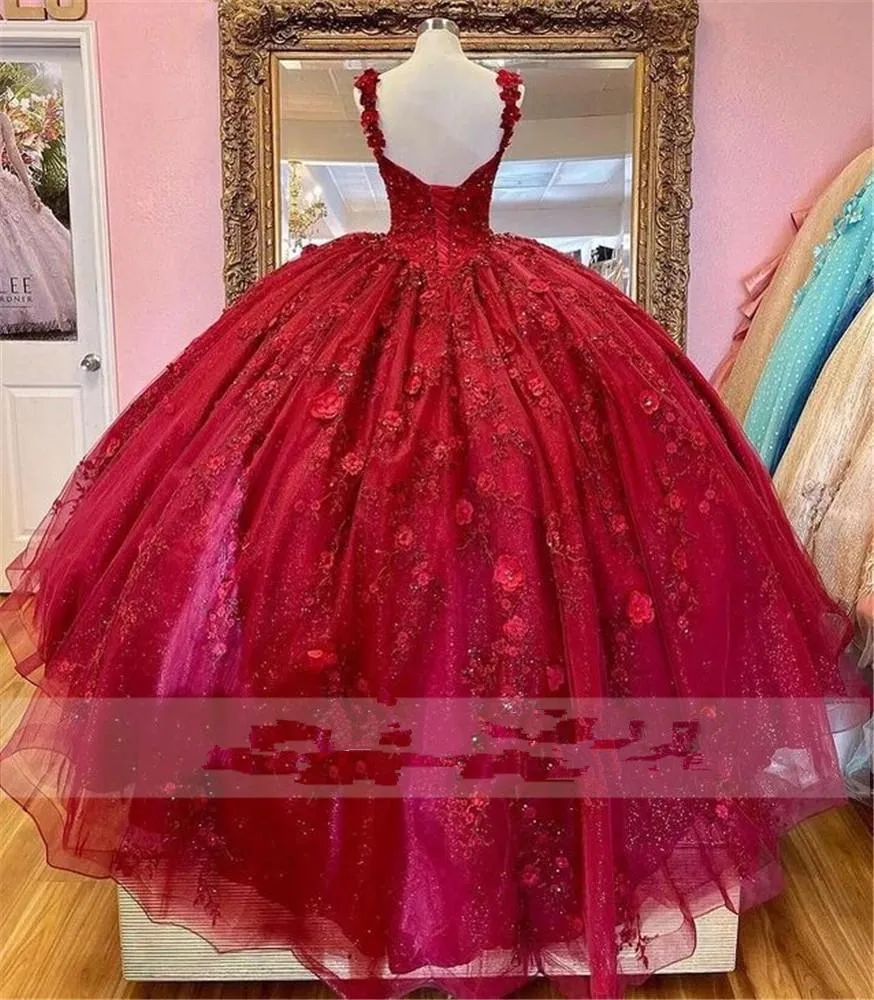 Vestidos de xv a os röda quinceanera klänningar med 3D blommor applikation korsett topp pärlor bollklänning söt 16 klänning plus storlek 312b