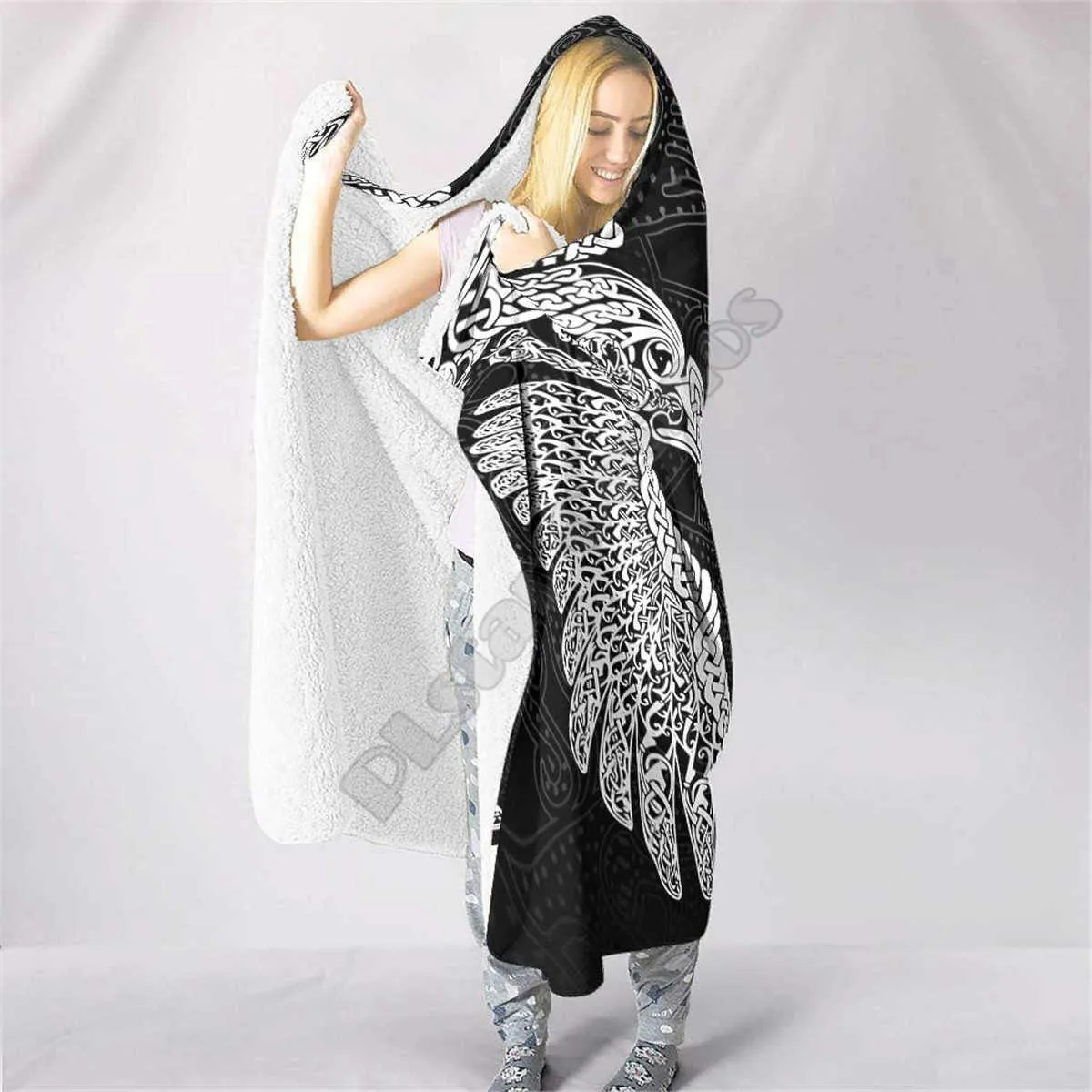 Twin Ravens in Norse Mythology Viking 3d printed Hooded Blanket Adult child Sherpa Fleece Wearable Blanket Microfiber Bedding 211019