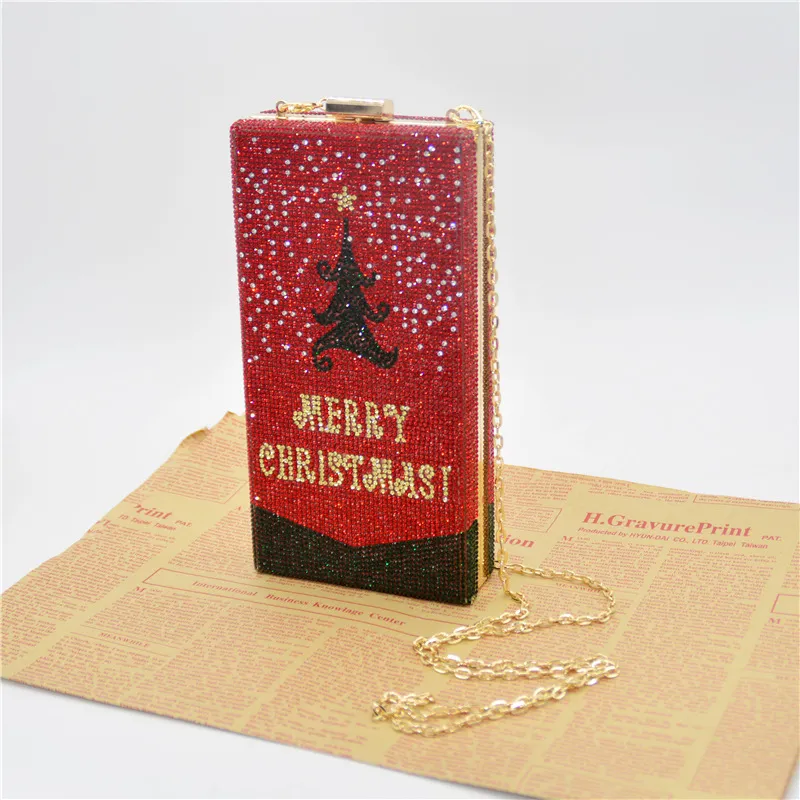 Bolsa de cena inclinada con incrustaciones de taladro con personalidad, bolsa cuadrada pequeña para banquete de árbol de Navidad con pegamento femenino