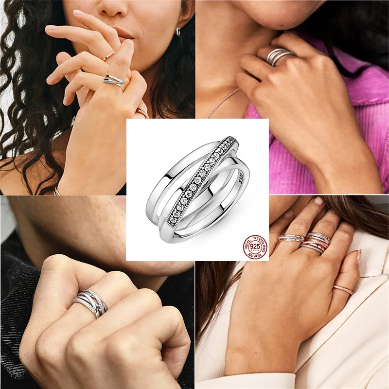 Verano Nuevo 925 Plata esterlina Crossover Pave Triple Band Anillo para mujeres Banquete de boda Moda Señora Joyería Regalos Novias Fit 287L