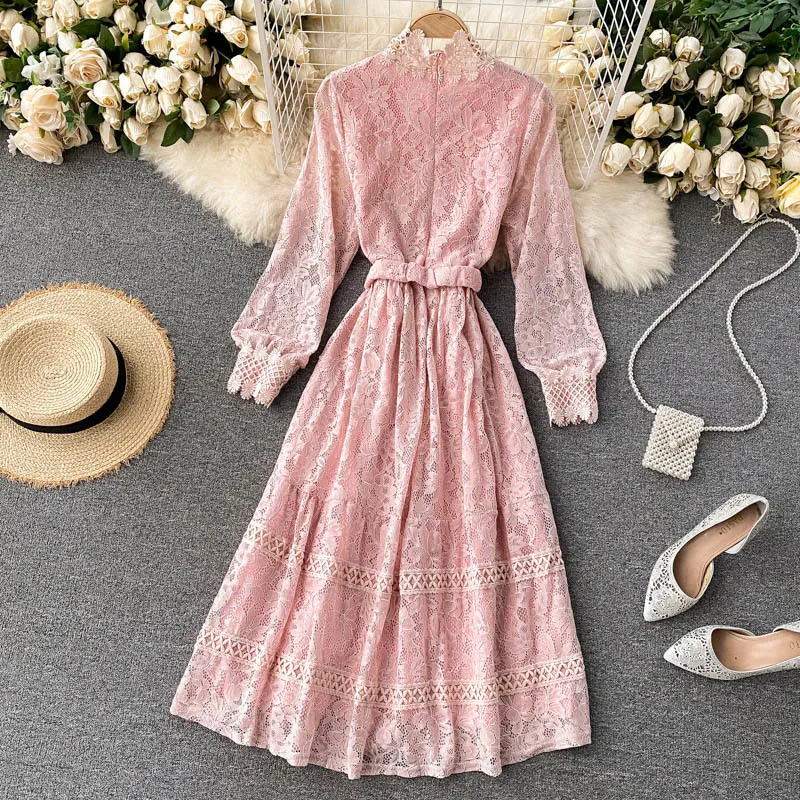 Vintage Lace Hollow Out Women's Dress Autumn Stand Collar Long Sleeve High Waist Sweet Black/Pink/Beige Robe Fashion 210426
