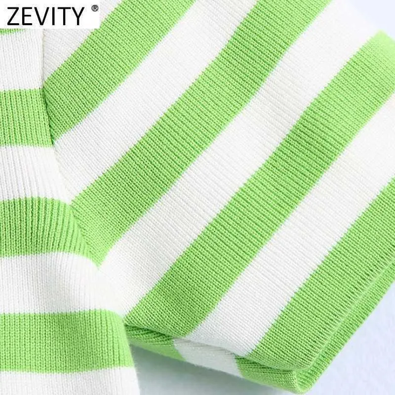 Zevity Women Fashion Paski Drukuj Krótki sweter dzianiny Kobieta Podstawowa Kierunek Kołnierz CHIC Swetry Crop Slim Topy SW815 210603