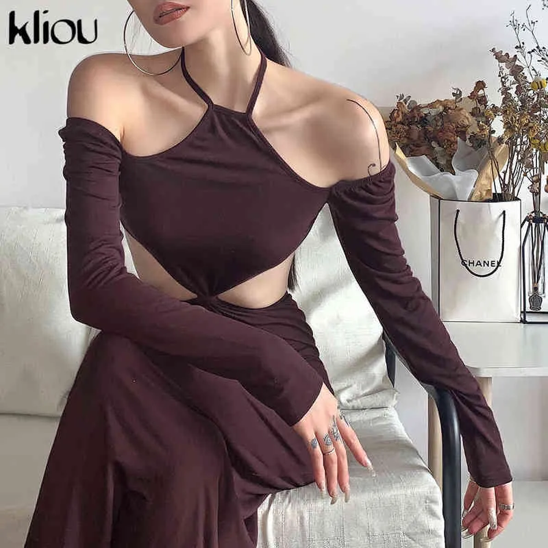 Kliou Sexy Party Women Maxi Dresses Elegant Cut Hollow Out Lace Up Neck-Mounted With Long Sleeve Club Female vestido de mujer Y1204