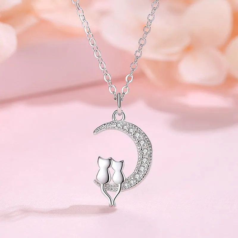 Pendentif Colliers Mignon Animal Chat Lune Collier Charme Amoureux Chaîne Chaton Chanceux Bijoux Pour Femmes Cadeau 2175