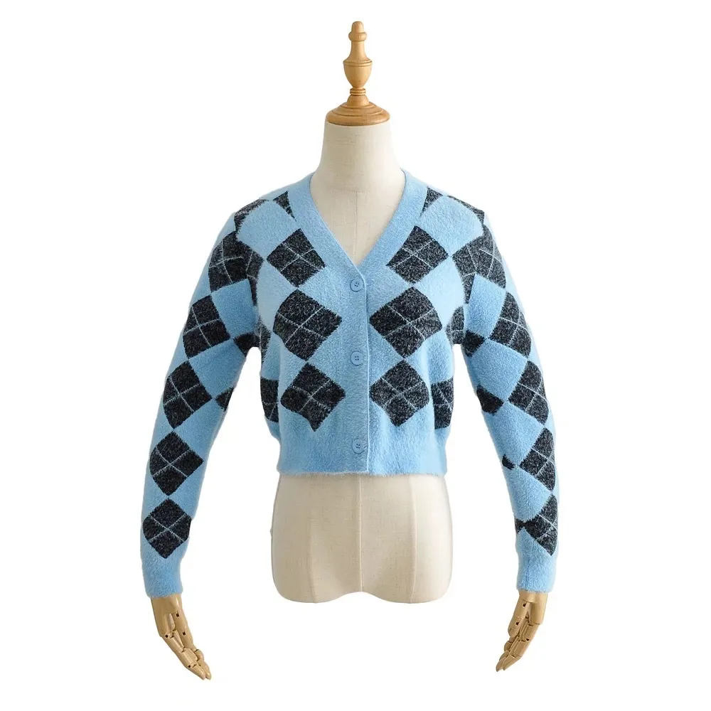 Stijlvolle jaren 80 Argyle Plaid Gebreide Cardigan Woman's Trui V-hals Lange Mouwen Jumper Geometrische Korte Knitwear Groen 3 Kleuren 210429