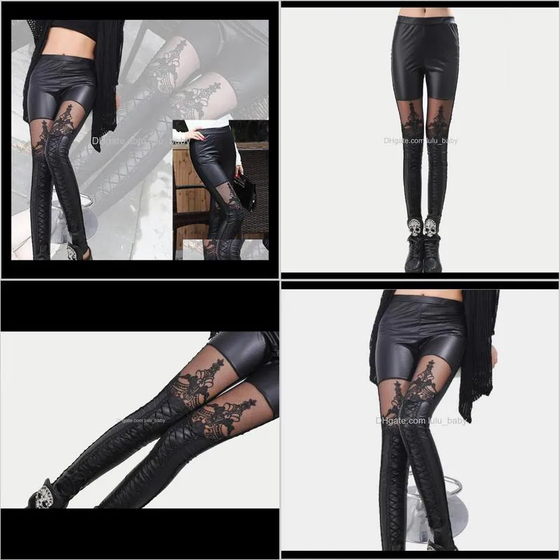 black legins punk gothic fashion women leggings sexy pu leather stitching embroidery hollow lace legging for women leggins