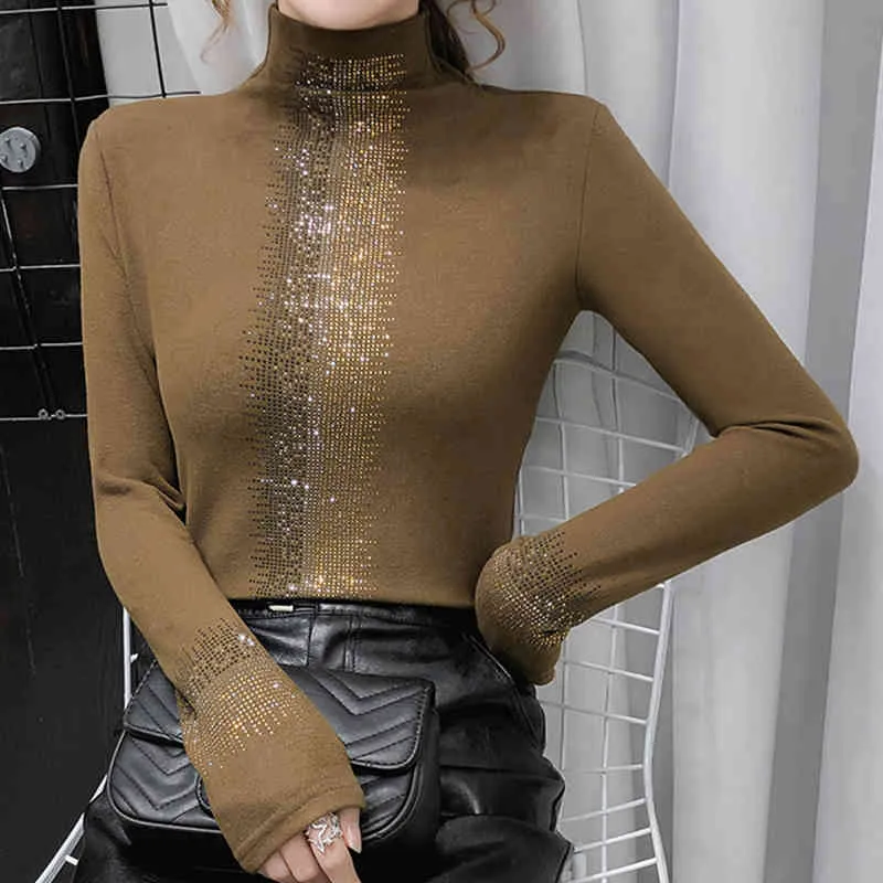 Lucyever Turtleneck Full Sleeve Chemises pour femmes Automne Mode Forage Tops Femme Slim Style coréen Chemise de fond 210521