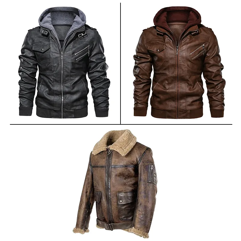 Fashion Men Motorcycle PU Coat Autumn Winter Leather Jacket Fake Fur Collar Zipper Outerwear Male Clothing 220301