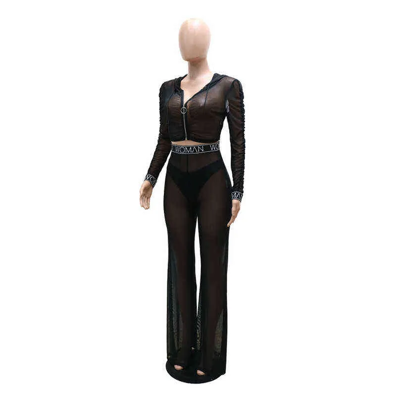 Woman Sexy See Through Mesh Black Zip Up Hooded Long Sleeve Crop Top Wide Leg Long Pants Matching Sets Club Outfits 211116