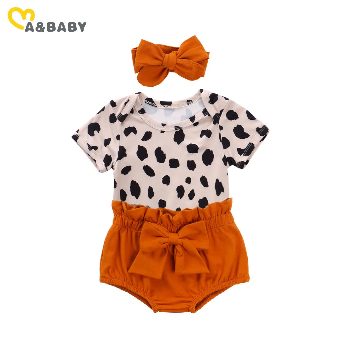 0-24M Estate nata Toddler Baby Girl Clothes Set Leopard Pagliaccetto Top Bow Shorts Fascia Outfit Costumi 210515