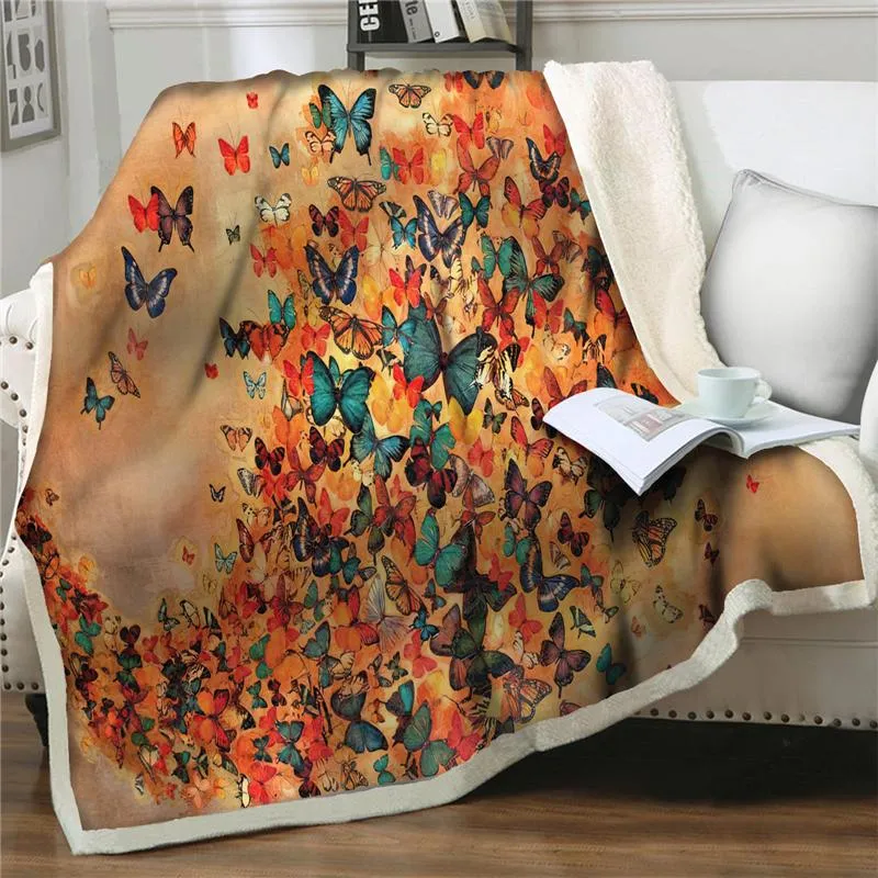 담요 만화 다채로운 나비 프린트 셰르파 담요 두껍게 부드러운 플란넬 소파 침구 침대 퀼트 커버 홈 섬유 239N