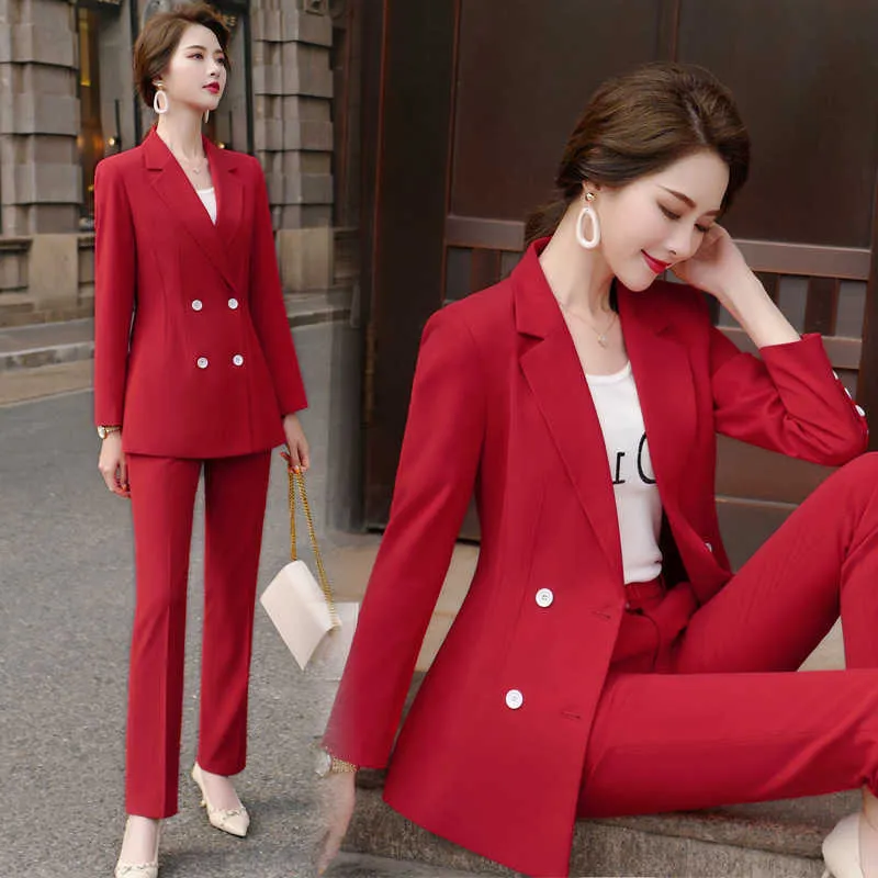 Wiosna i jesień wysokiej jakości czerwony profesjonalne spodnie damskie garnitur kobiece mody kurtka dorywczo spodnie Dwukierak 210527