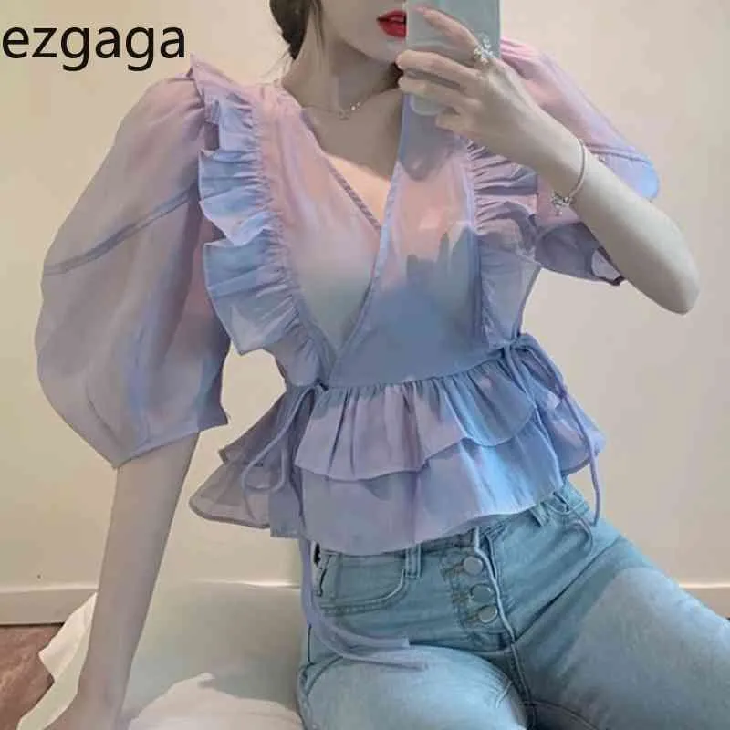 Ezgaga Sexy Blouse女性シフォン作物トップスフリルパフスリーブVネックレースアップ夏スリム薄いエレガントなシャツファッション210430
