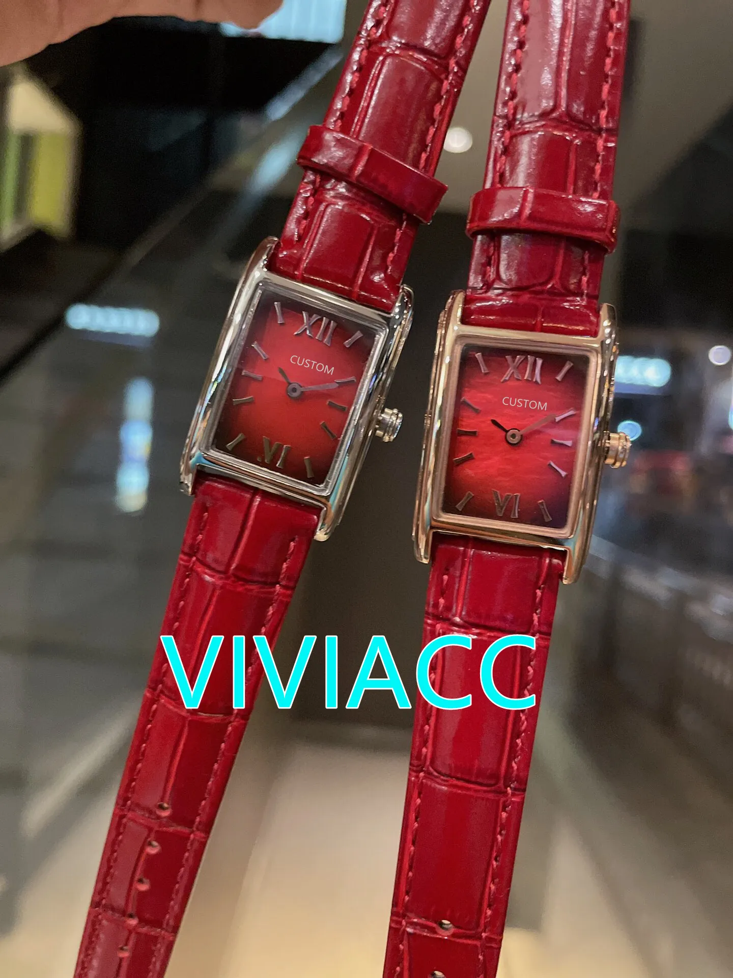 Fashion Women Gradient Red Watches Stainless steel Geometric rectangle Watch Female cz Quartz Diamonds Leather clock 33mm